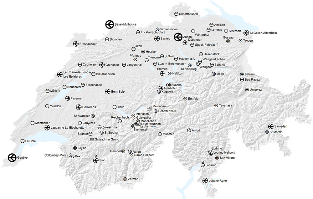 Cartina delle aerodromi della Svizzera